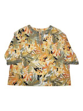 Alfred Dunner Womens Floral Top 22W Cotton Blend 3/4 Sleeve Tropical Leaf Print
